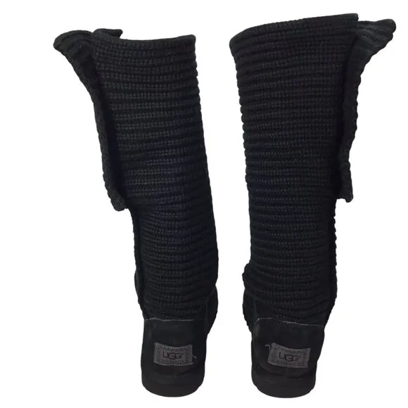 Ugg Australia Boots Cardy Sweater Knit Tall Black 5819 Classic Button Size 6