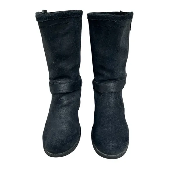 UGG Black Suede Leather Silvia Moto Boots w/ glossy Snake Print gusset. SZ. 6
