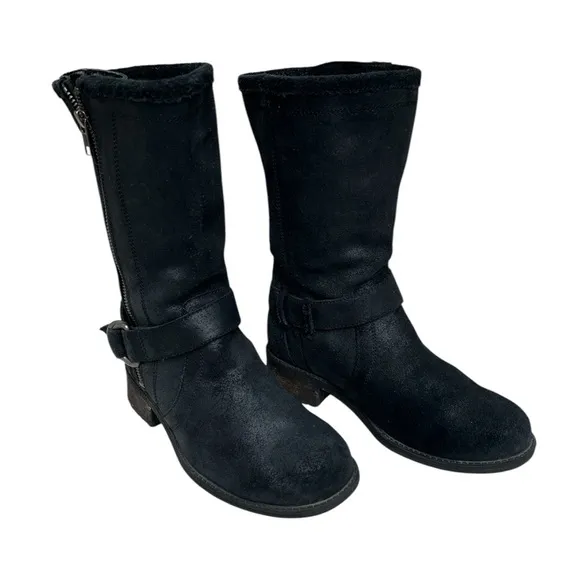 UGG Black Suede Leather Silvia Moto Boots w/ glossy Snake Print gusset. SZ. 6