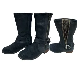 UGG Black Suede Leather Silvia Moto Boots w/ glossy Snake Print gusset. SZ. 6