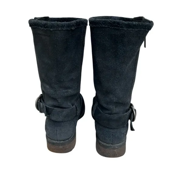 UGG Black Suede Leather Silvia Moto Boots w/ glossy Snake Print gusset. SZ. 6