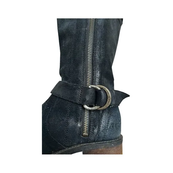 UGG Black Suede Leather Silvia Moto Boots w/ glossy Snake Print gusset. SZ. 6