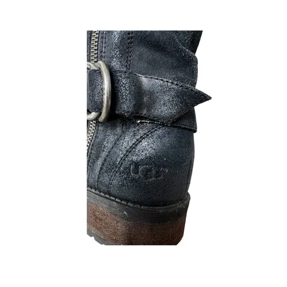UGG Black Suede Leather Silvia Moto Boots w/ glossy Snake Print gusset. SZ. 6