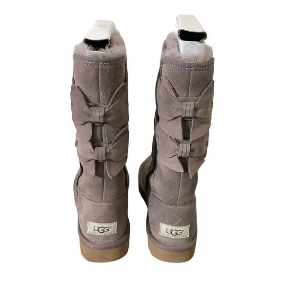 UGG Boots Womens Size 5 Allegra Bow Gray Suede Leather 1092969 Sygr New