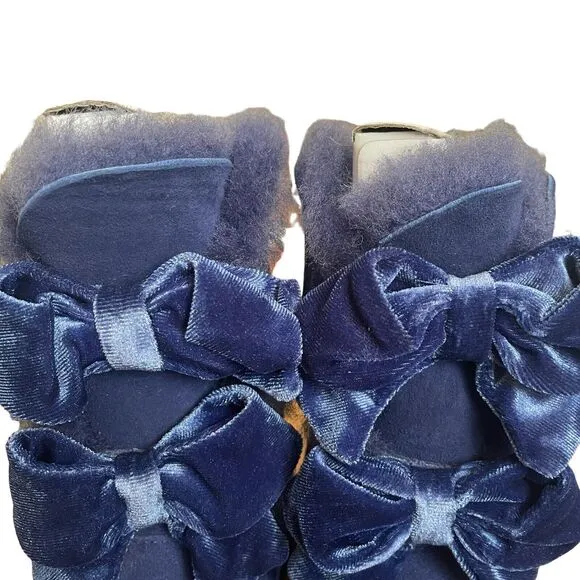 UGG Boots Womens Size 5 Bailey Bow II Velvet Ribbon Blue Suede Leather