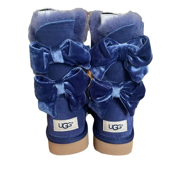 UGG Boots Womens Size 5 Bailey Bow II Velvet Ribbon Blue Suede Leather