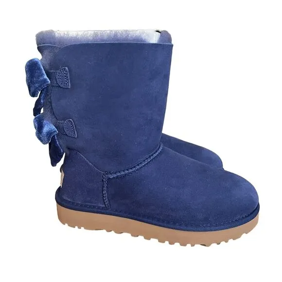 UGG Boots Womens Size 5 Bailey Bow II Velvet Ribbon Blue Suede Leather