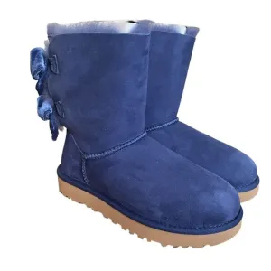 UGG Boots Womens Size 5 Bailey Bow II Velvet Ribbon Blue Suede Leather