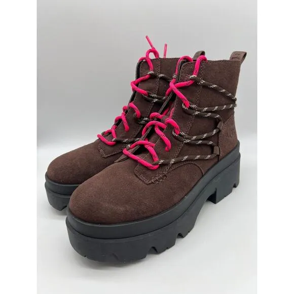 UGG Brisbane Lace Up Suede Platform Boots Burnt Cedar Women's Size 9.5📦