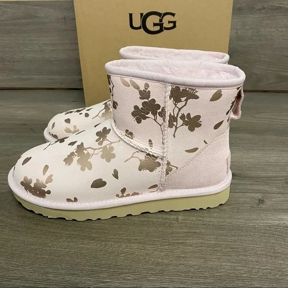 UGG | Classic Mini Floral Foil Boots Seashell Pink New In Box