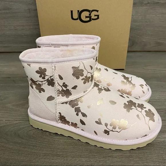 UGG | Classic Mini Floral Foil Boots Seashell Pink New In Box