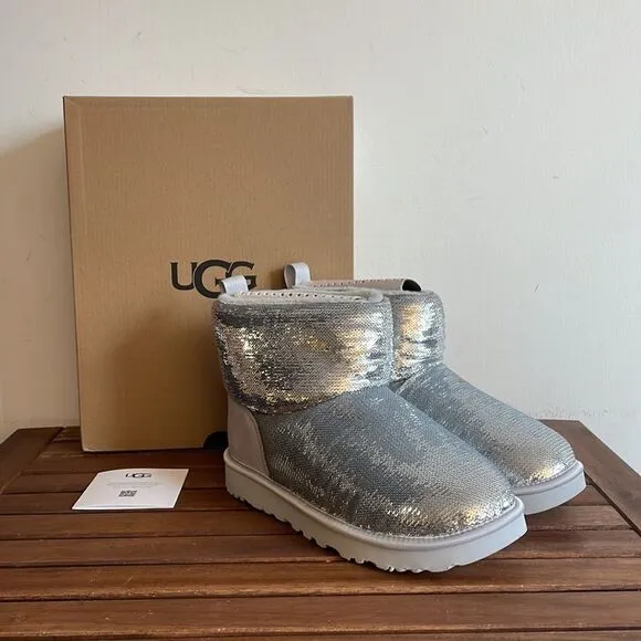 UGG Classic Mini Mirror Ball Boots Silver USA Women 7/UK 5/EU 38