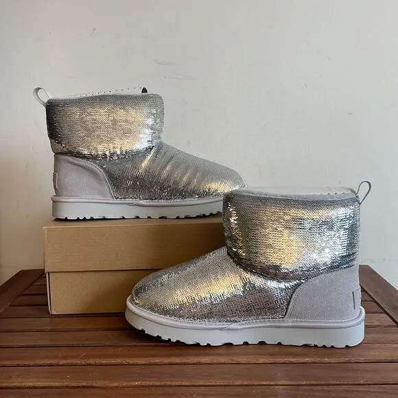 UGG Classic Mini Mirror Ball Boots Silver USA Women 7/UK 5/EU 38