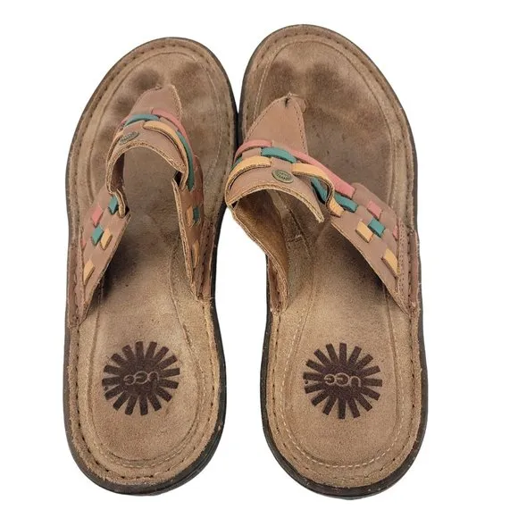 UGG Jenaya Leather Crooked Monkey Sandals Womens 8 Chestnut Multi Color 1006362
