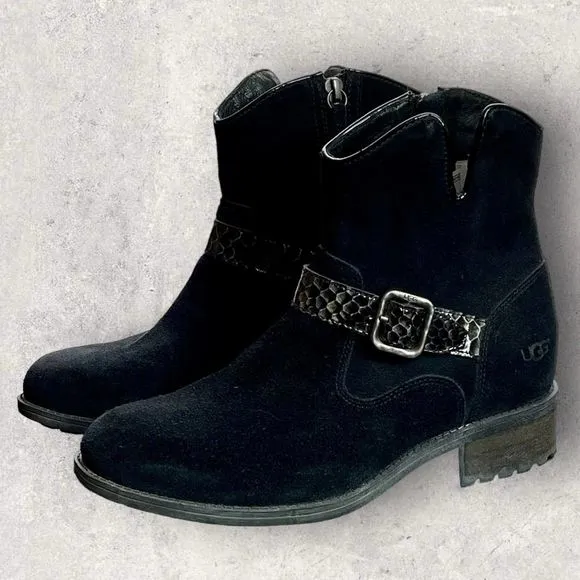 UGG MILNOR Black Suede Snake Strap Ankle Boots with Zipper Size 8 NEW