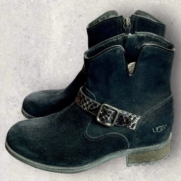 UGG MILNOR Black Suede Snake Strap Ankle Boots with Zipper Size 8 NEW