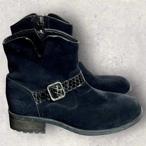 UGG MILNOR Black Suede Snake Strap Ankle Boots with Zipper Size 8 NEW