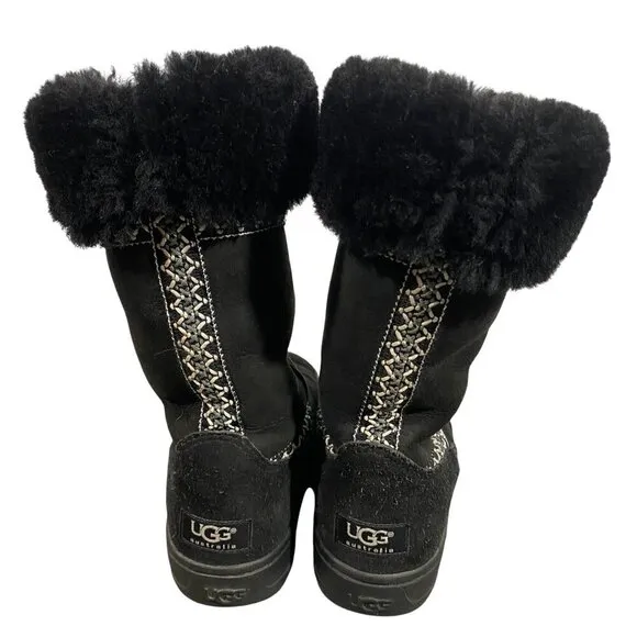 UGG SUNDANCE REVIVAL WOMENS BOOTS Black suede ebroidered sheepskin women’s 6