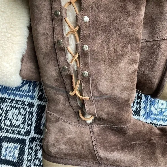 💋Ugg Upside Corset Lace Suede Shearling Brown Boots - 9