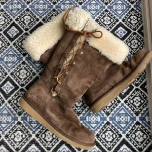 💋Ugg Upside Corset Lace Suede Shearling Brown Boots - 9