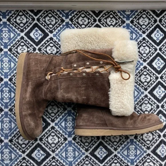 💋Ugg Upside Corset Lace Suede Shearling Brown Boots - 9