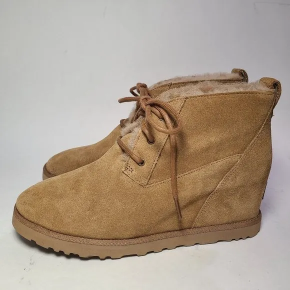 UGG women boots Classic FEMME lace-up tan Suede Ankle Wedge Booties sz 9.5 new