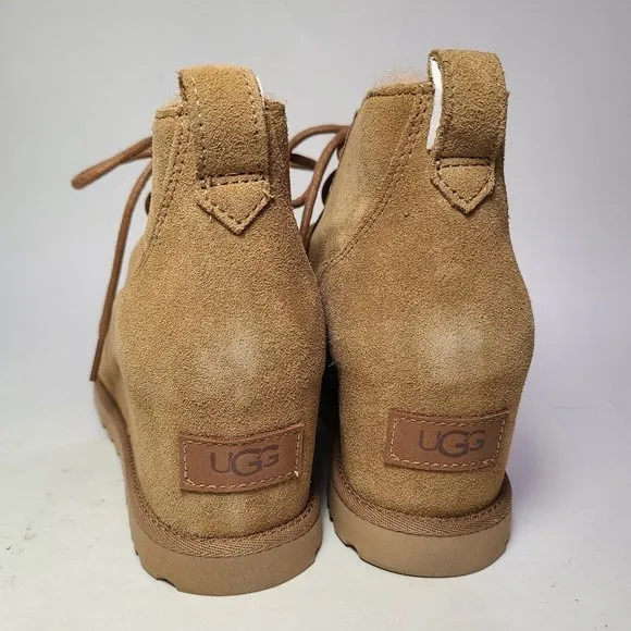 UGG women boots Classic FEMME lace-up tan Suede Ankle Wedge Booties sz 9.5 new