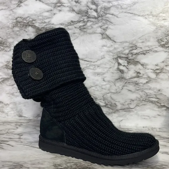 UGG Womens Boots Size 7 Black Chunky Knit Cardy Classic Convertible Buttons 6