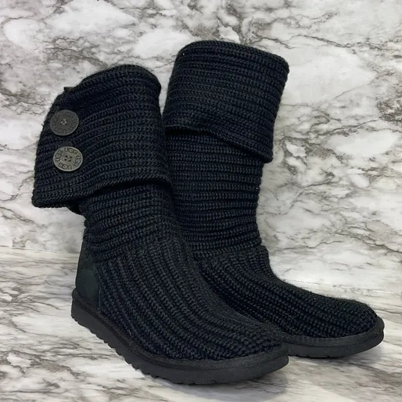 UGG Womens Boots Size 7 Black Chunky Knit Cardy Classic Convertible Buttons 6