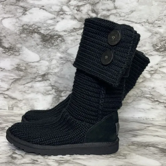 UGG Womens Boots Size 7 Black Chunky Knit Cardy Classic Convertible Buttons 6