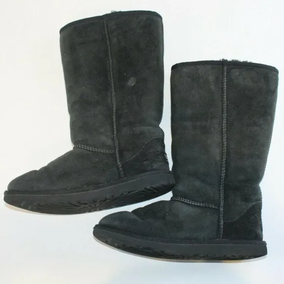 UGG Youth Sz 4 Classic Tall Black Suede Shearling Lined Pull On Mid Calf Boots