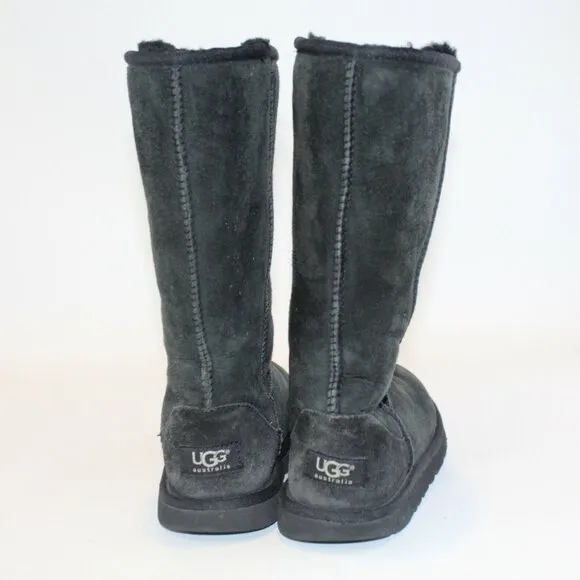 UGG Youth Sz 4 Classic Tall Black Suede Shearling Lined Pull On Mid Calf Boots