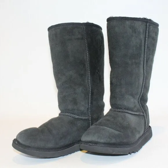 UGG Youth Sz 4 Classic Tall Black Suede Shearling Lined Pull On Mid Calf Boots