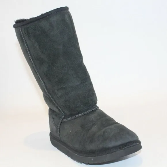 UGG Youth Sz 4 Classic Tall Black Suede Shearling Lined Pull On Mid Calf Boots