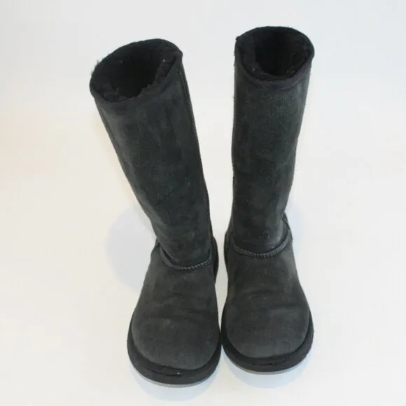 UGG Youth Sz 4 Classic Tall Black Suede Shearling Lined Pull On Mid Calf Boots