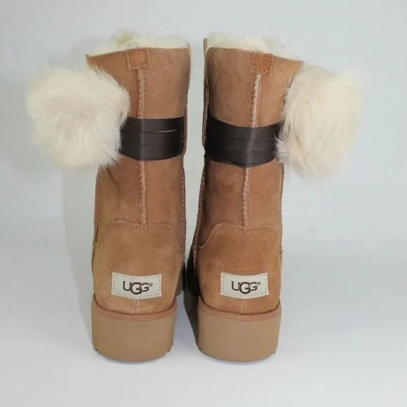 UGG BRITA CHESTNUT SHEEPSKIN WEDGE POM POM BOOTS