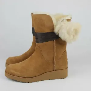 UGG BRITA CHESTNUT SHEEPSKIN WEDGE POM POM BOOTS