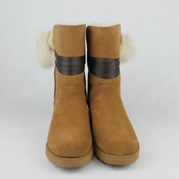 UGG BRITA CHESTNUT SHEEPSKIN WEDGE POM POM BOOTS