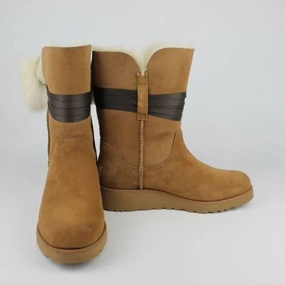 UGG BRITA CHESTNUT SHEEPSKIN WEDGE POM POM BOOTS