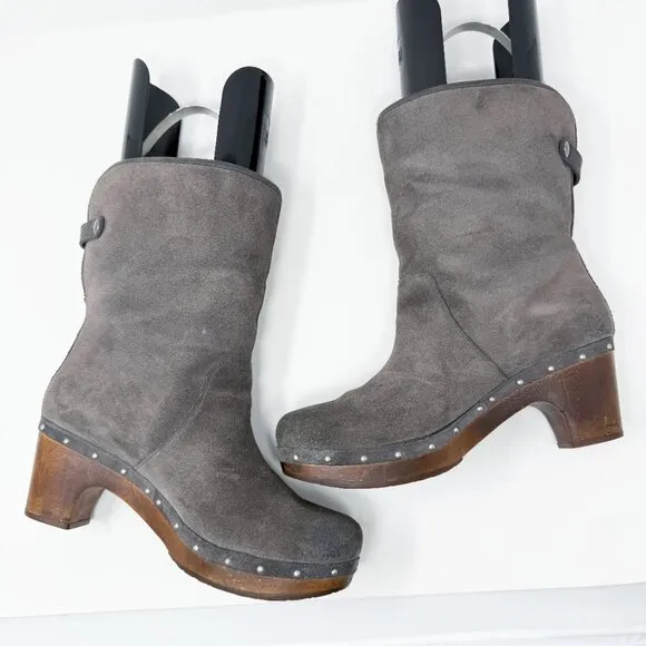 UggGray Suede Lynnea Boots Women's Size 11 EUC Pull On Rivet Detail Wooden Heel