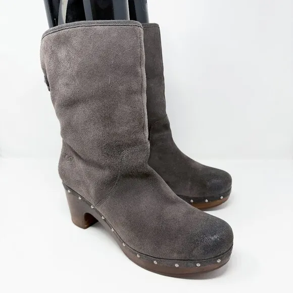 UggGray Suede Lynnea Boots Women's Size 11 EUC Pull On Rivet Detail Wooden Heel