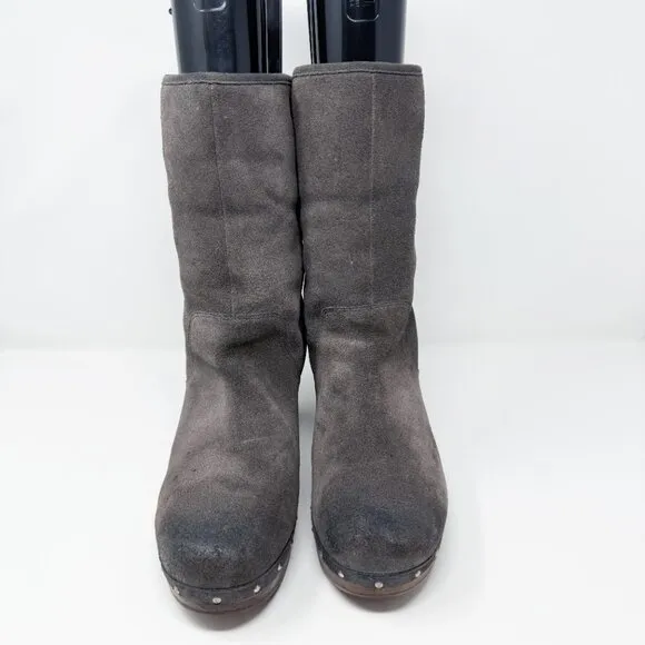 UggGray Suede Lynnea Boots Women's Size 11 EUC Pull On Rivet Detail Wooden Heel