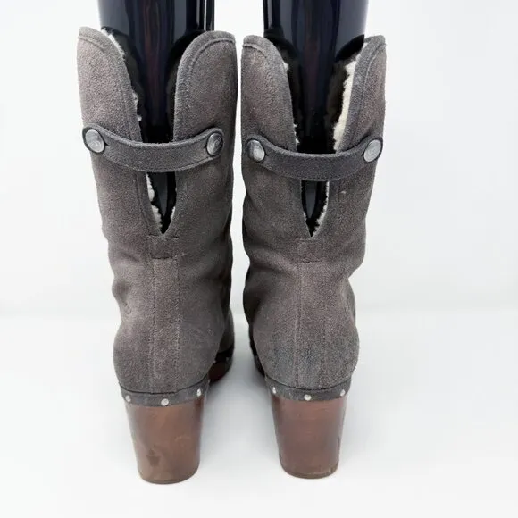 UggGray Suede Lynnea Boots Women's Size 11 EUC Pull On Rivet Detail Wooden Heel