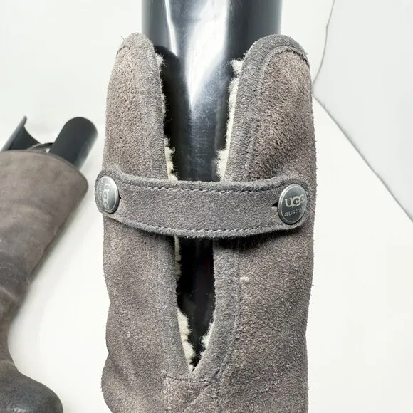 UggGray Suede Lynnea Boots Women's Size 11 EUC Pull On Rivet Detail Wooden Heel