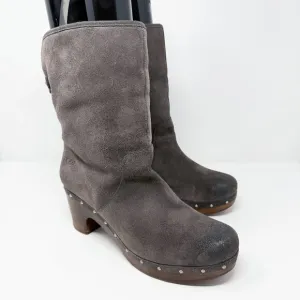 UggGray Suede Lynnea Boots Women's Size 11 EUC Pull On Rivet Detail Wooden Heel