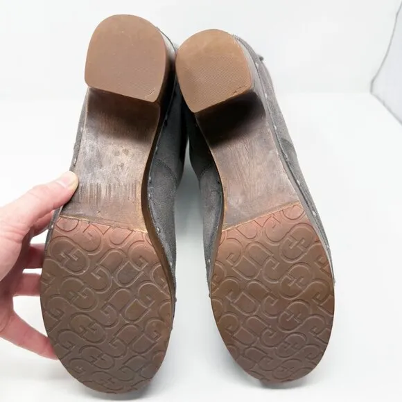 UggGray Suede Lynnea Boots Women's Size 11 EUC Pull On Rivet Detail Wooden Heel