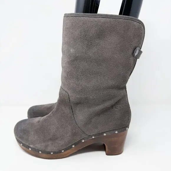 UggGray Suede Lynnea Boots Women's Size 11 EUC Pull On Rivet Detail Wooden Heel