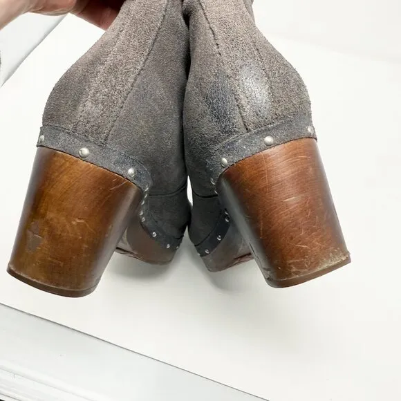 UggGray Suede Lynnea Boots Women's Size 11 EUC Pull On Rivet Detail Wooden Heel