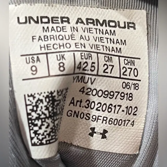UNDER ARMOUR HOVR HAVOC HIGH TOPS BASEBALL. GREY AND WHITE SIZE 9