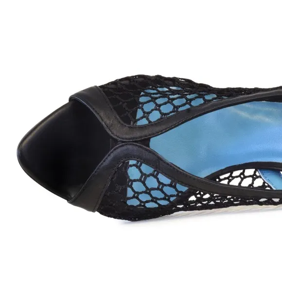 VALENTINA RANGONI Black Sling Parmasoft Heels Fishnet 7.5 NWOTS